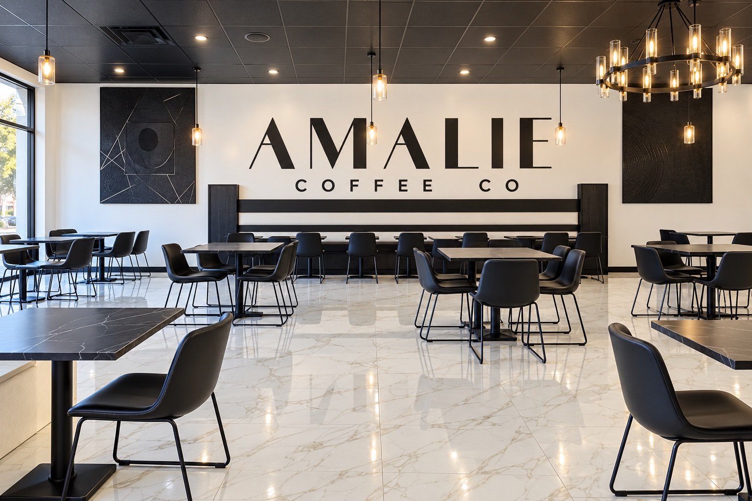 Presentation visualization of Amalie’s dining room, with white marble floors and its black wall logo